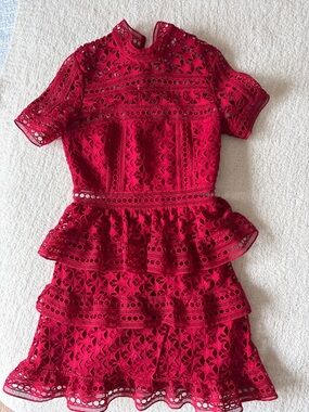 Self-Portrait Red Lace Tiered Mini Dress